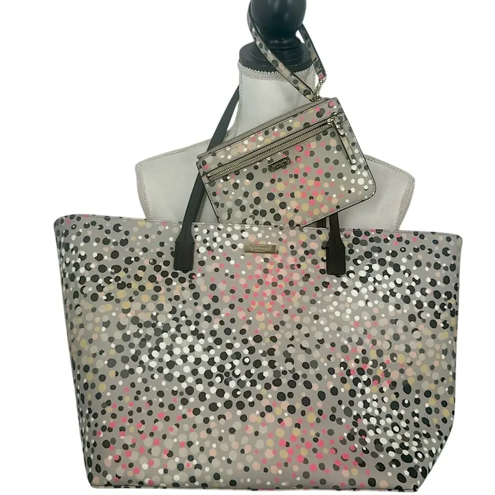 EUC Kate Spade Shore Street Soiree Dot Grey Multi Margareta Tote and wristlet - Picture 3 of 12